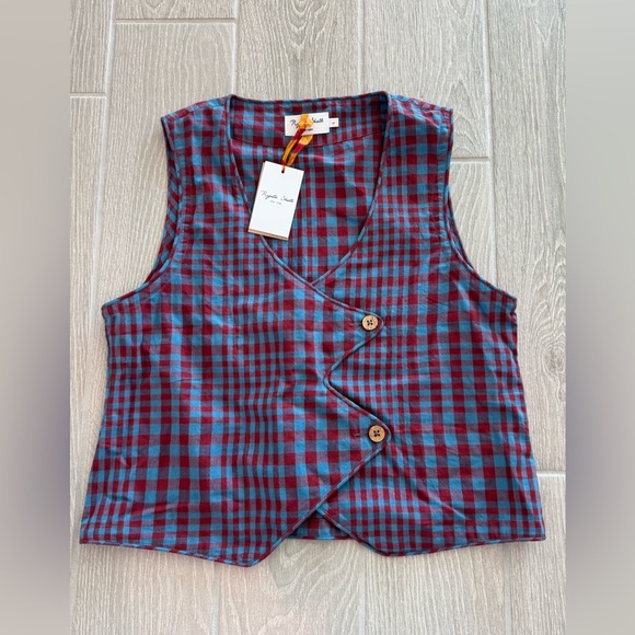 Rujuta Sheth Tops - RUJUTA SHETH 100% Handwoven Cotton Carmen Vest Beacon Chex Red Blue Large NWT